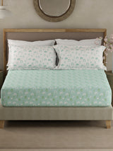 Valatia 100% Cotton 200 TC Green Floral King Fitted Bedsheet with 2 Pillow Covers
