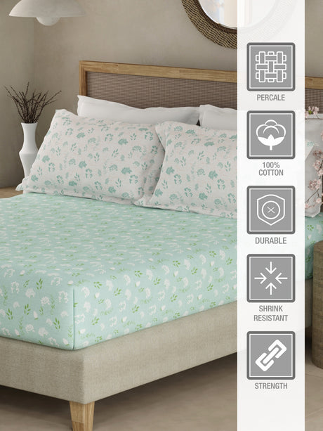 Valatia 100% Cotton 200 TC Green Floral King Fitted Bedsheet with 2 Pillow Covers