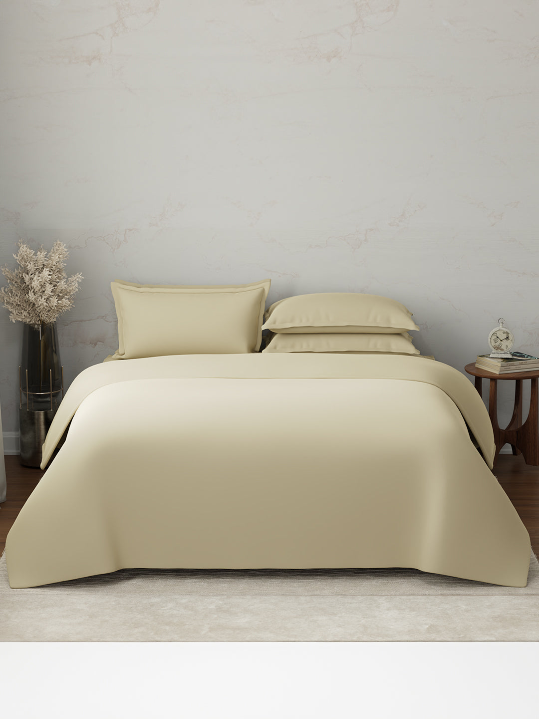 100% Cotton, 300 TC | King Size Bedding Set | 1 Bedsheet with 1 Duvet Cover & 4 Pillow Covers | Emblem Collection - Beige