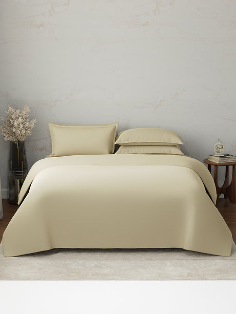 100% Cotton, 300 TC | King Size Bedding Set | 1 Bedsheet with 1 Duvet Cover & 4 Pillow Covers | Emblem Collection - Beige