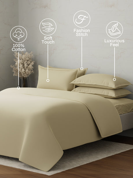 100% Cotton, 300 TC | King Size Bedding Set | 1 Bedsheet with 1 Duvet Cover & 4 Pillow Covers | Emblem Collection - Beige