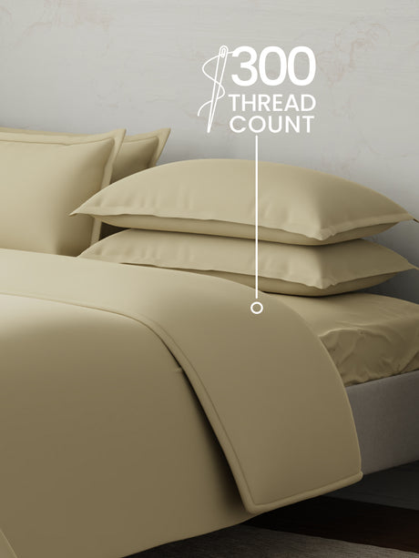 100% Cotton, 300 TC | King Size Bedding Set | 1 Bedsheet with 1 Duvet Cover & 4 Pillow Covers | Emblem Collection - Beige