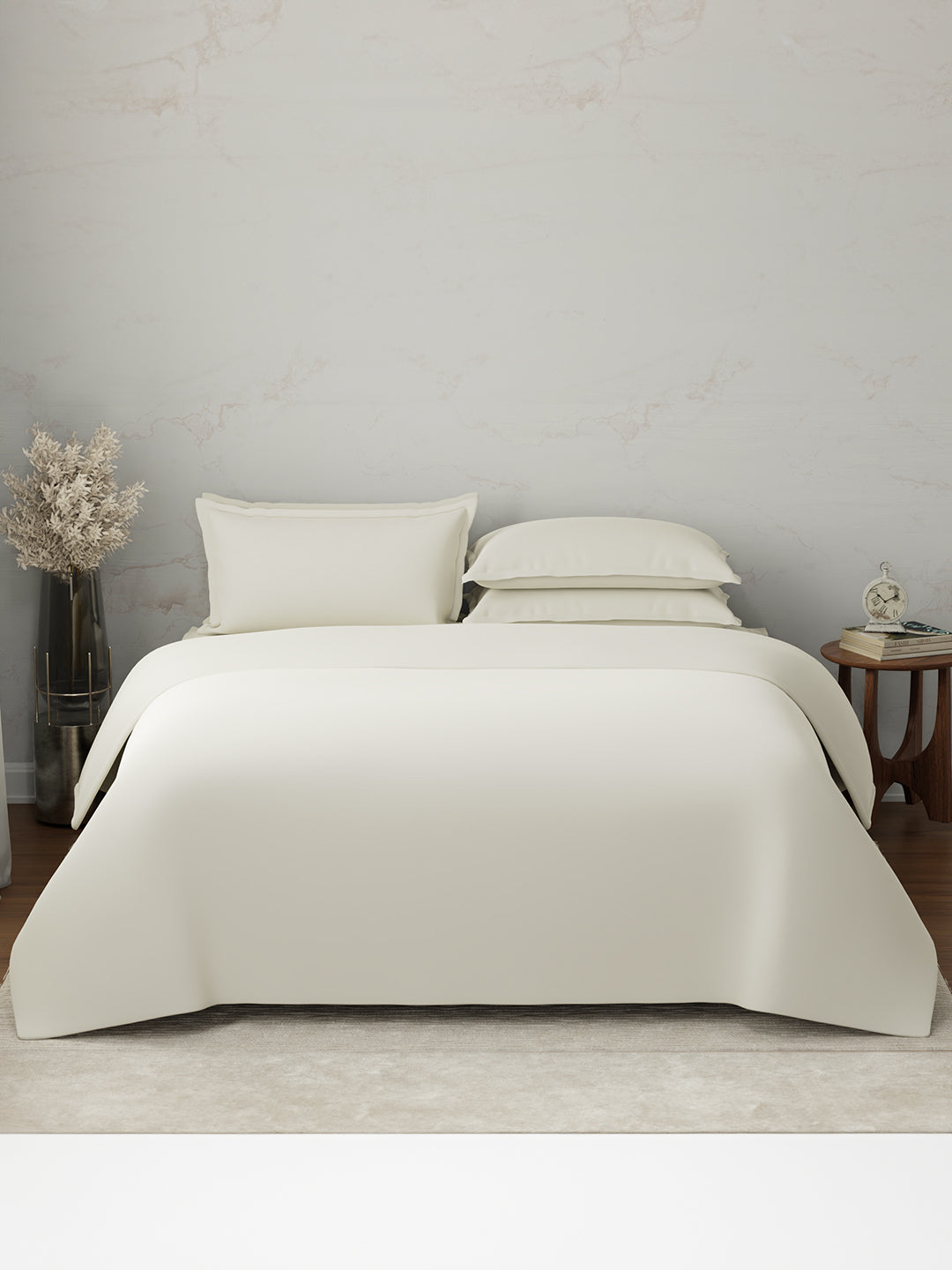 100% Cotton, 300 TC | King Size Bedding Set | 1 Bedsheet with 1 Duvet Cover & 4 Pillow Covers | Emblem Collection - White