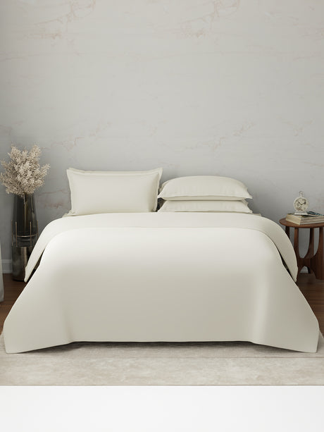 100% Cotton, 300 TC | King Size Bedding Set | 1 Bedsheet with 1 Duvet Cover & 4 Pillow Covers | Emblem Collection - White