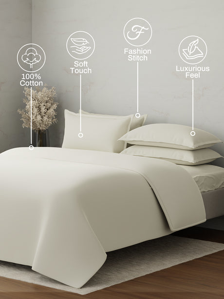 100% Cotton, 300 TC | King Size Bedding Set | 1 Bedsheet with 1 Duvet Cover & 4 Pillow Covers | Emblem Collection - White