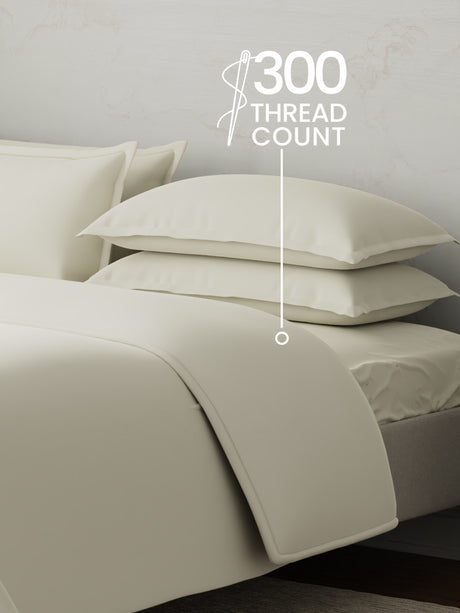 100% Cotton, 300 TC | King Size Bedding Set | 1 Bedsheet with 1 Duvet Cover & 4 Pillow Covers | Emblem Collection - White