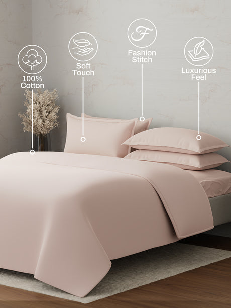 100% Cotton, 300 TC | King Size Bedding Set | 1 Bedsheet with 1 Duvet Cover & 4 Pillow Covers | Emblem Collection - Pink