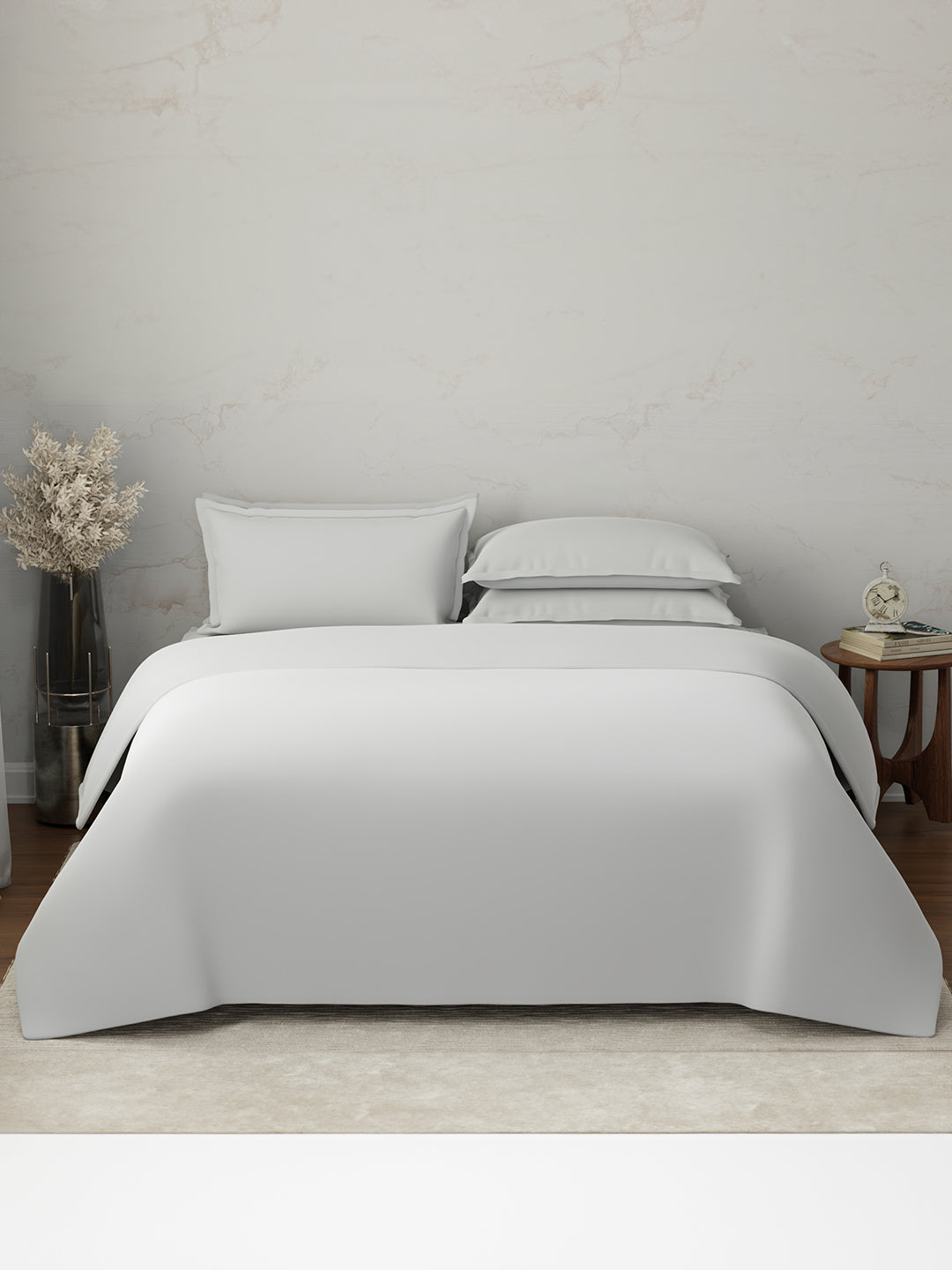 100% Cotton, 300 TC | King Size Bedding Set | 1 Bedsheet with 1 Duvet Cover & 4 Pillow Covers | Emblem Collection - White