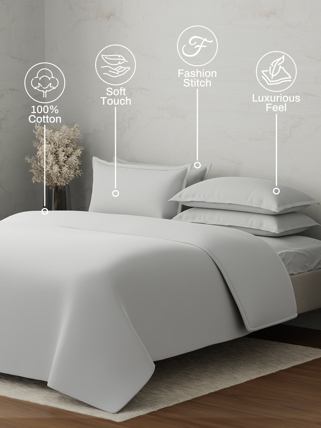 100% Cotton, 300 TC | King Size Bedding Set | 1 Bedsheet with 1 Duvet Cover & 4 Pillow Covers | Emblem Collection - White