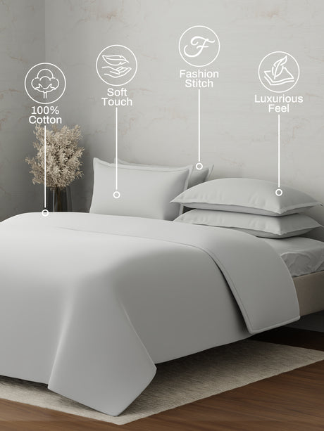 100% Cotton, 300 TC | King Size Bedding Set | 1 Bedsheet with 1 Duvet Cover & 4 Pillow Covers | Emblem Collection - White