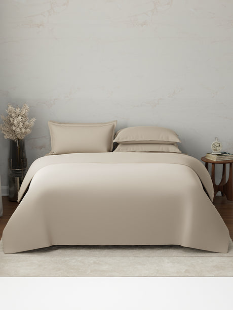 100% Cotton, 300 TC | King Size Bedding Set | 1 Bedsheet with 1 Duvet Cover & 4 Pillow Covers | Emblem Collection - Beige