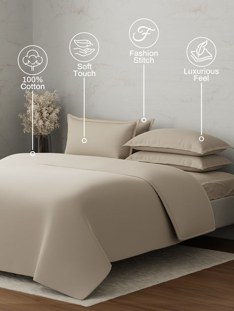 100% Cotton, 300 TC | King Size Bedding Set | 1 Bedsheet with 1 Duvet Cover & 4 Pillow Covers | Emblem Collection - Beige
