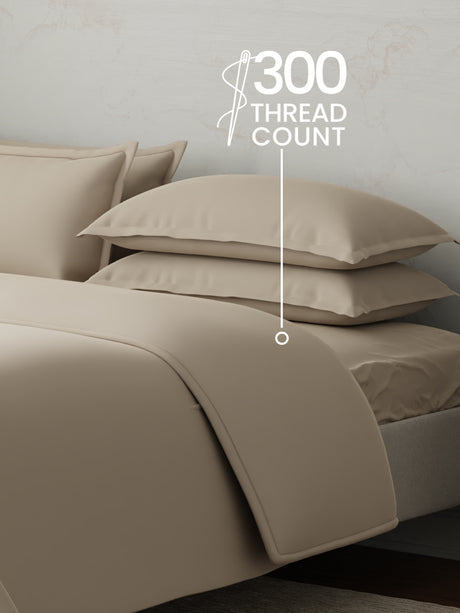100% Cotton, 300 TC | King Size Bedding Set | 1 Bedsheet with 1 Duvet Cover & 4 Pillow Covers | Emblem Collection - Beige