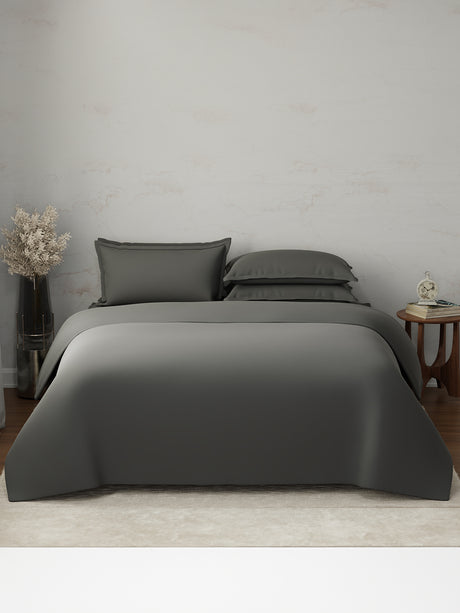 100% Cotton, 300 TC | King Size Bedding Set | 1 Bedsheet with 1 Duvet Cover & 4 Pillow Covers | Emblem Collection - Grey