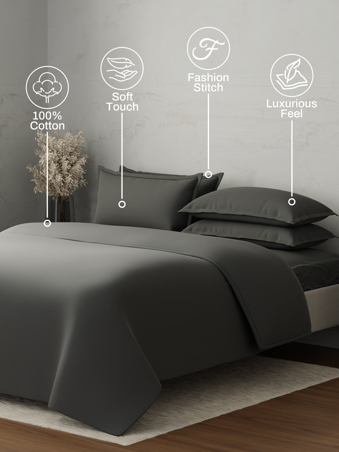 100% Cotton, 300 TC | King Size Bedding Set | 1 Bedsheet with 1 Duvet Cover & 4 Pillow Covers | Emblem Collection - Grey