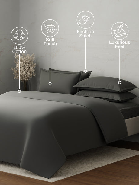 100% Cotton, 300 TC | King Size Bedding Set | 1 Bedsheet with 1 Duvet Cover & 4 Pillow Covers | Emblem Collection - Grey