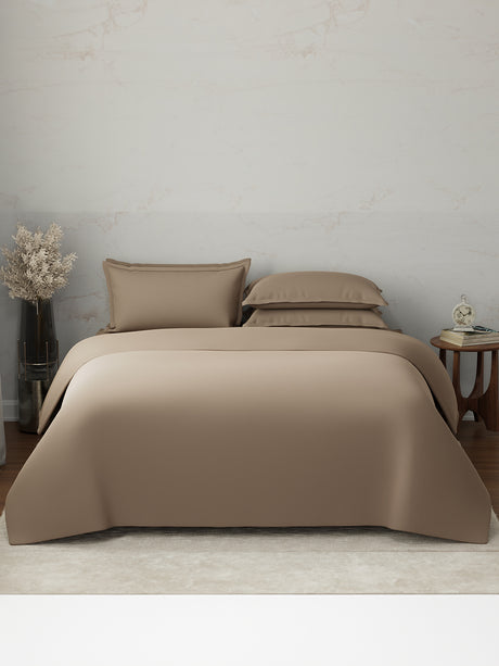 100% Cotton, 300 TC | King Size Bedding Set | 1 Bedsheet with 1 Duvet Cover & 4 Pillow Covers | Emblem Collection - Brown