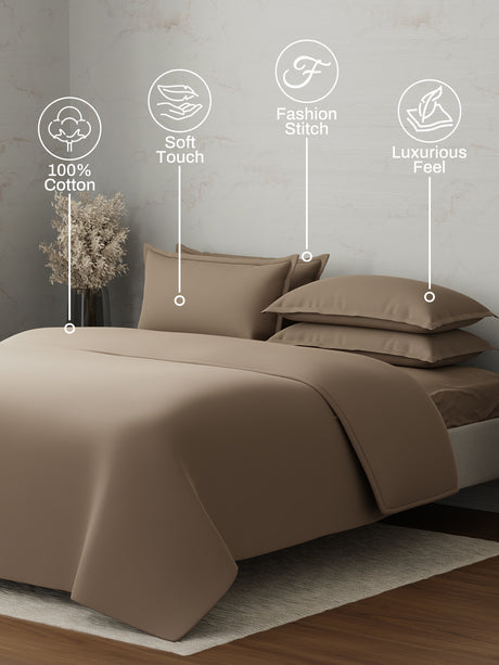 100% Cotton, 300 TC | King Size Bedding Set | 1 Bedsheet with 1 Duvet Cover & 4 Pillow Covers | Emblem Collection - Brown