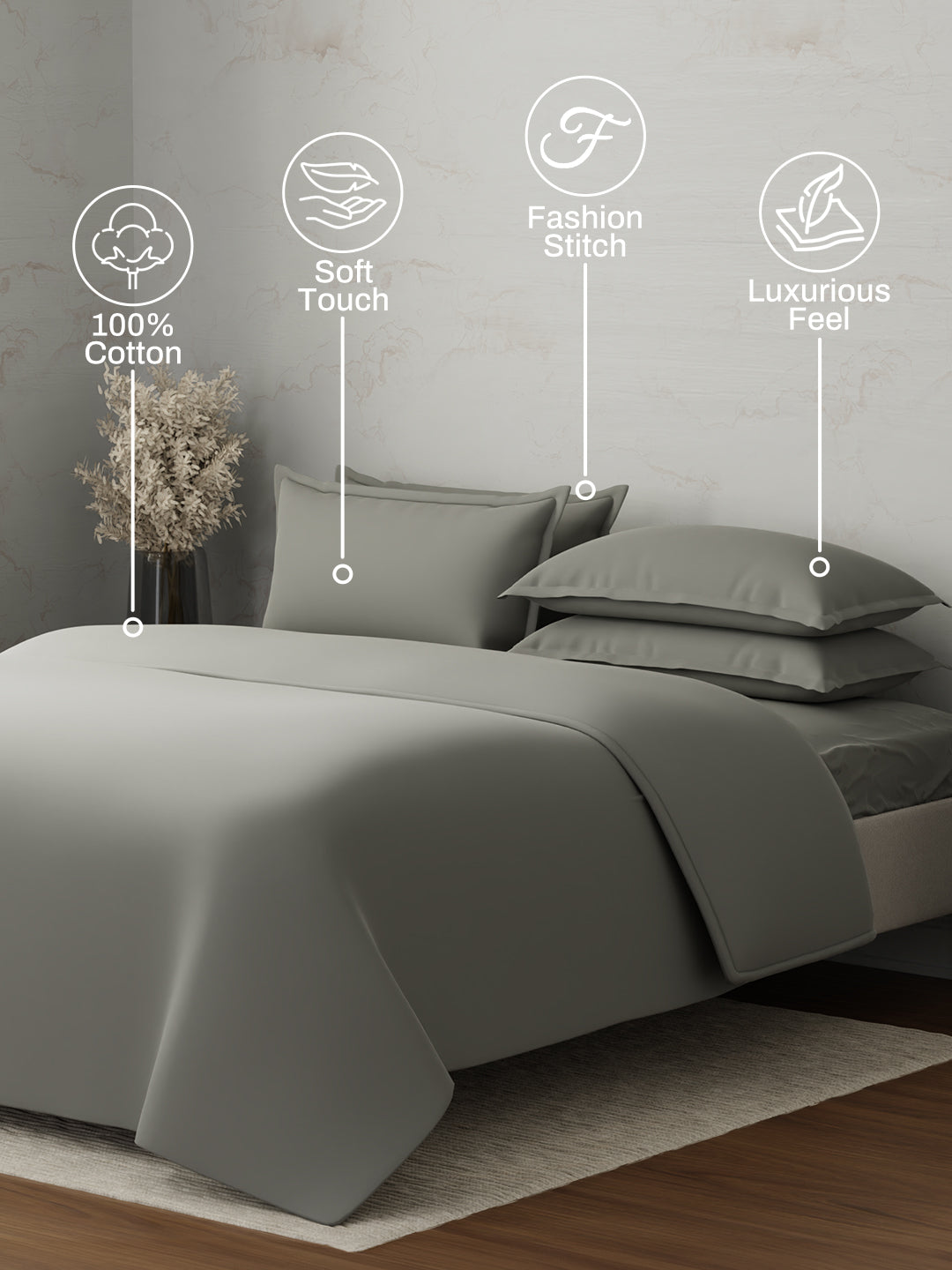 100% Cotton, 300 TC | King Size Bedding Set | 1 Bedsheet with 1 Duvet Cover & 4 Pillow Covers | Emblem Collection - Grey