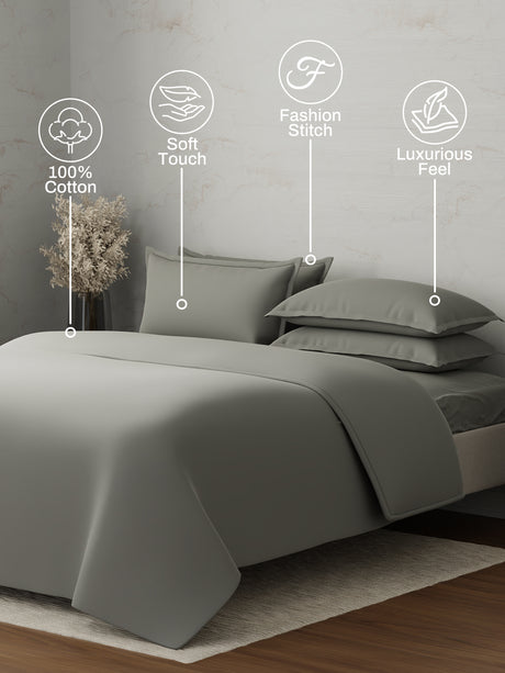 100% Cotton, 300 TC | King Size Bedding Set | 1 Bedsheet with 1 Duvet Cover & 4 Pillow Covers | Emblem Collection - Grey
