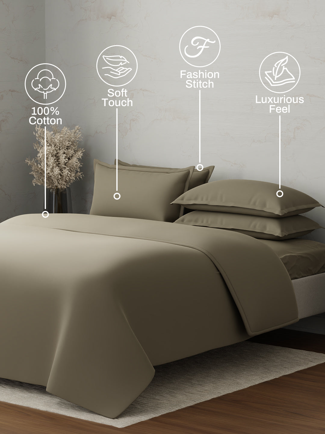 100% Cotton, 300 TC | King Size Bedding Set | 1 Bedsheet with 1 Duvet Cover & 4 Pillow Covers | Emblem Collection - Green