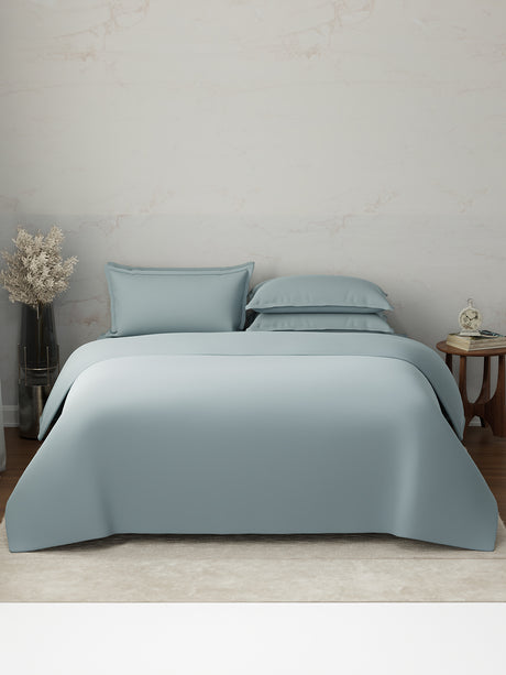 100% Cotton, 300 TC | King Size Bedding Set | 1 Bedsheet with 1 Duvet Cover & 4 Pillow Covers | Emblem Collection - Blue