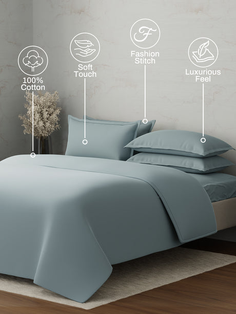 100% Cotton, 300 TC | King Size Bedding Set | 1 Bedsheet with 1 Duvet Cover & 4 Pillow Covers | Emblem Collection - Blue
