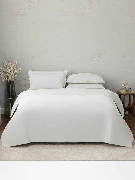 100% Cotton, 300 TC | King Size Bedding Set | 1 Bedsheet with 1 Duvet Cover & 4 Pillow Covers | Emblem Collection - White