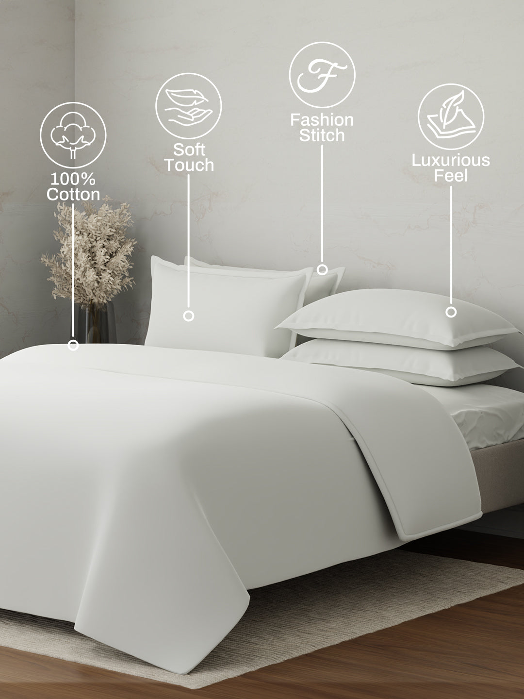 100% Cotton, 300 TC | King Size Bedding Set | 1 Bedsheet with 1 Duvet Cover & 4 Pillow Covers | Emblem Collection - White