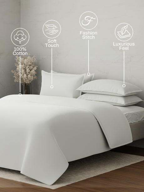 100% Cotton, 300 TC | King Size Bedding Set | 1 Bedsheet with 1 Duvet Cover & 4 Pillow Covers | Emblem Collection - White
