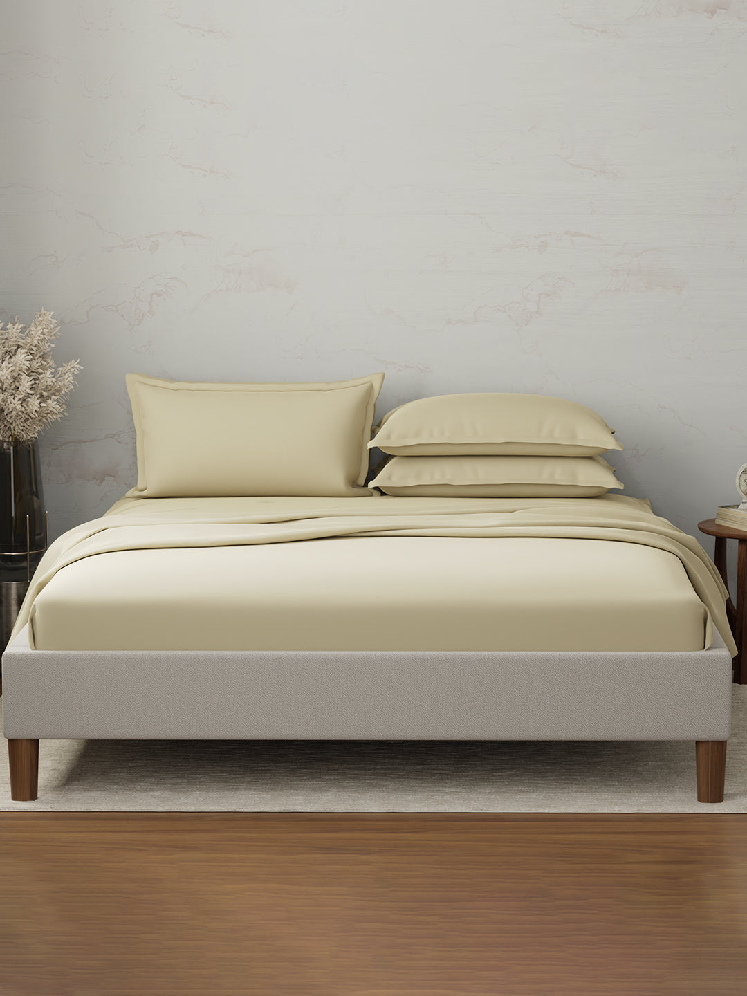 100% Cotton 300 TC | King Dyed Bedsheet with 4 Pillow Covers | Emblem Collection - Beige