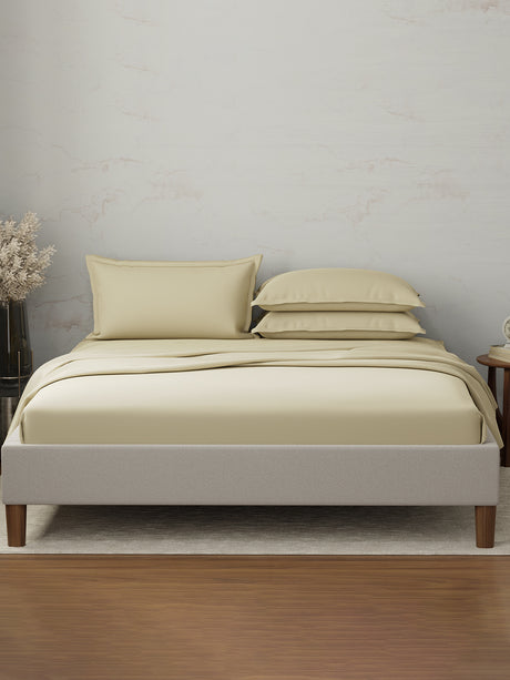 100% Cotton 300 TC | King Dyed Bedsheet with 4 Pillow Covers | Emblem Collection - Beige