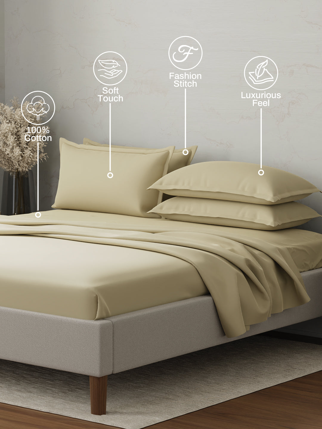 100% Cotton 300 TC | King Dyed Bedsheet with 4 Pillow Covers | Emblem Collection - Beige