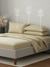 100% Cotton 300 TC | King Dyed Bedsheet with 4 Pillow Covers | Emblem Collection - Beige