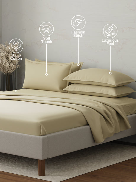 100% Cotton 300 TC | King Dyed Bedsheet with 4 Pillow Covers | Emblem Collection - Beige