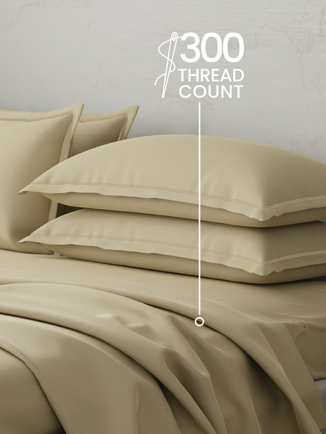 100% Cotton 300 TC | King Dyed Bedsheet with 4 Pillow Covers | Emblem Collection - Beige