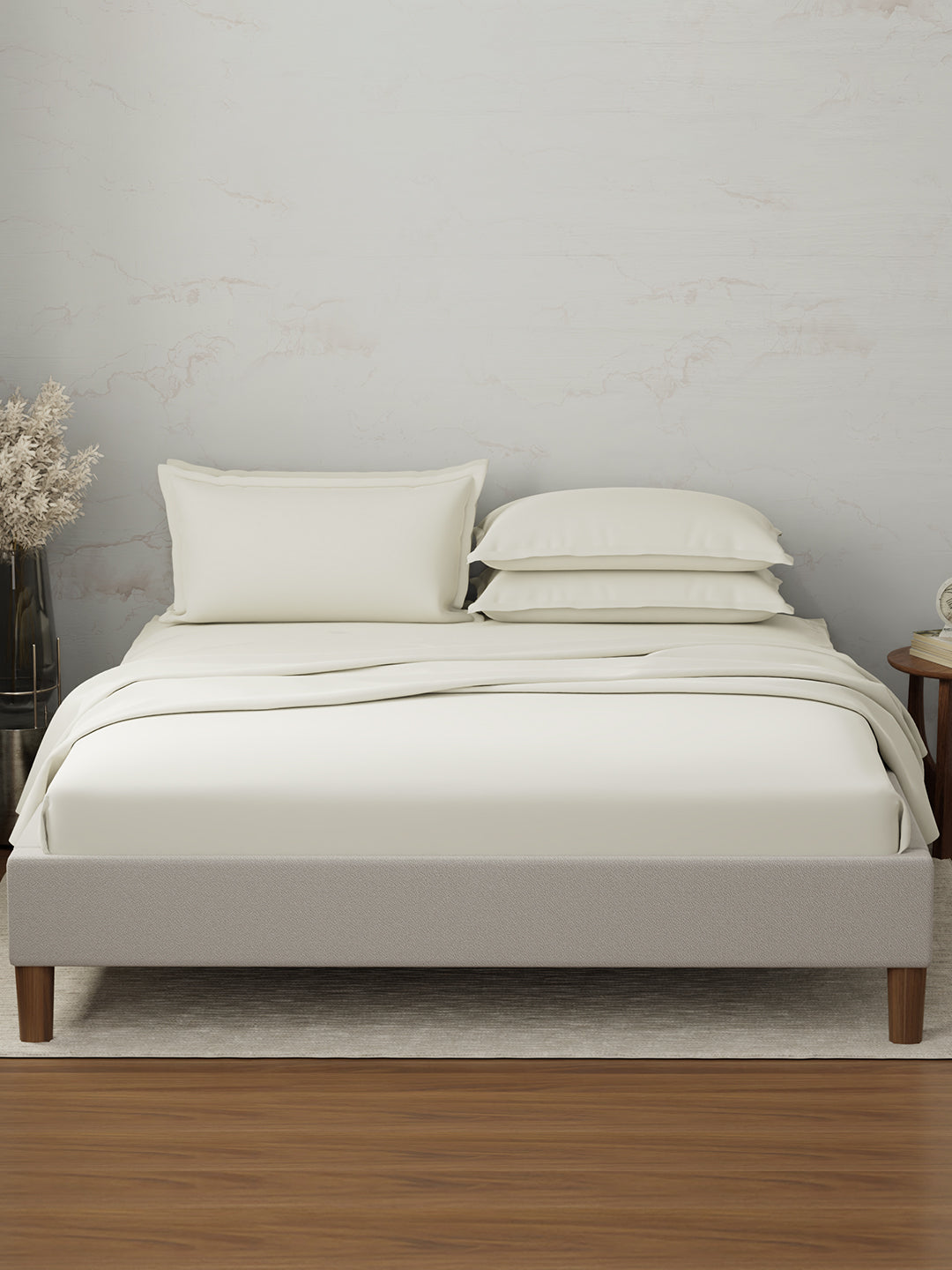 100% Cotton 300 TC | King Dyed Bedsheet with 4 Pillow Covers | Emblem Collection - White