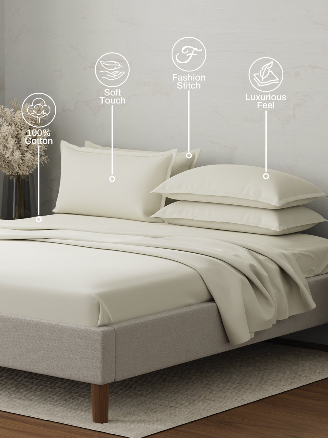 100% Cotton 300 TC | King Dyed Bedsheet with 4 Pillow Covers | Emblem Collection - White