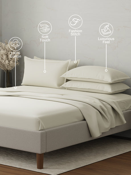 100% Cotton 300 TC | King Dyed Bedsheet with 4 Pillow Covers | Emblem Collection - White