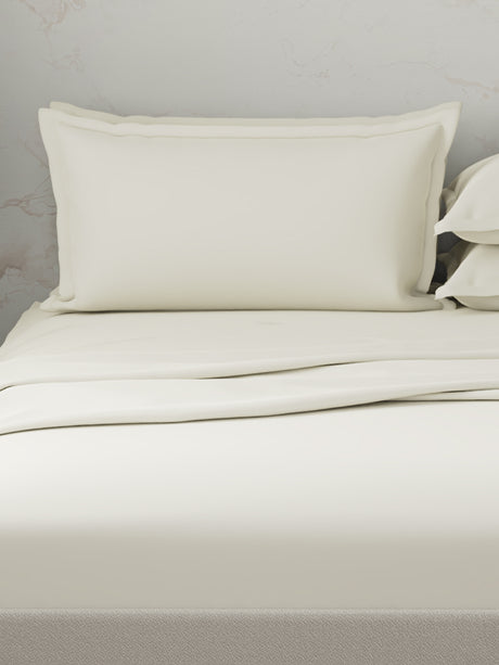 100% Cotton 300 TC | King Dyed Bedsheet with 4 Pillow Covers | Emblem Collection - White
