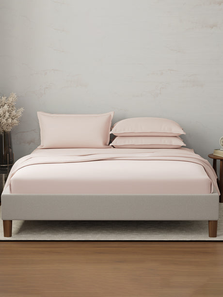 100% Cotton 300 TC | King Dyed Bedsheet with 4 Pillow Covers | Emblem Collection - Pink
