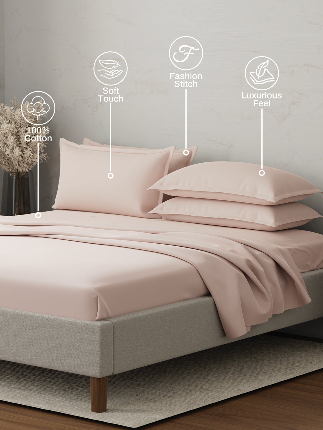100% Cotton 300 TC | King Dyed Bedsheet with 4 Pillow Covers | Emblem Collection - Pink