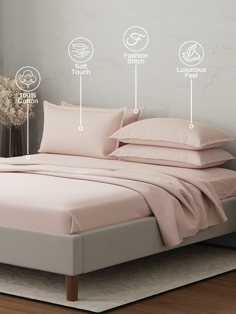 100% Cotton 300 TC | King Dyed Bedsheet with 4 Pillow Covers | Emblem Collection - Pink