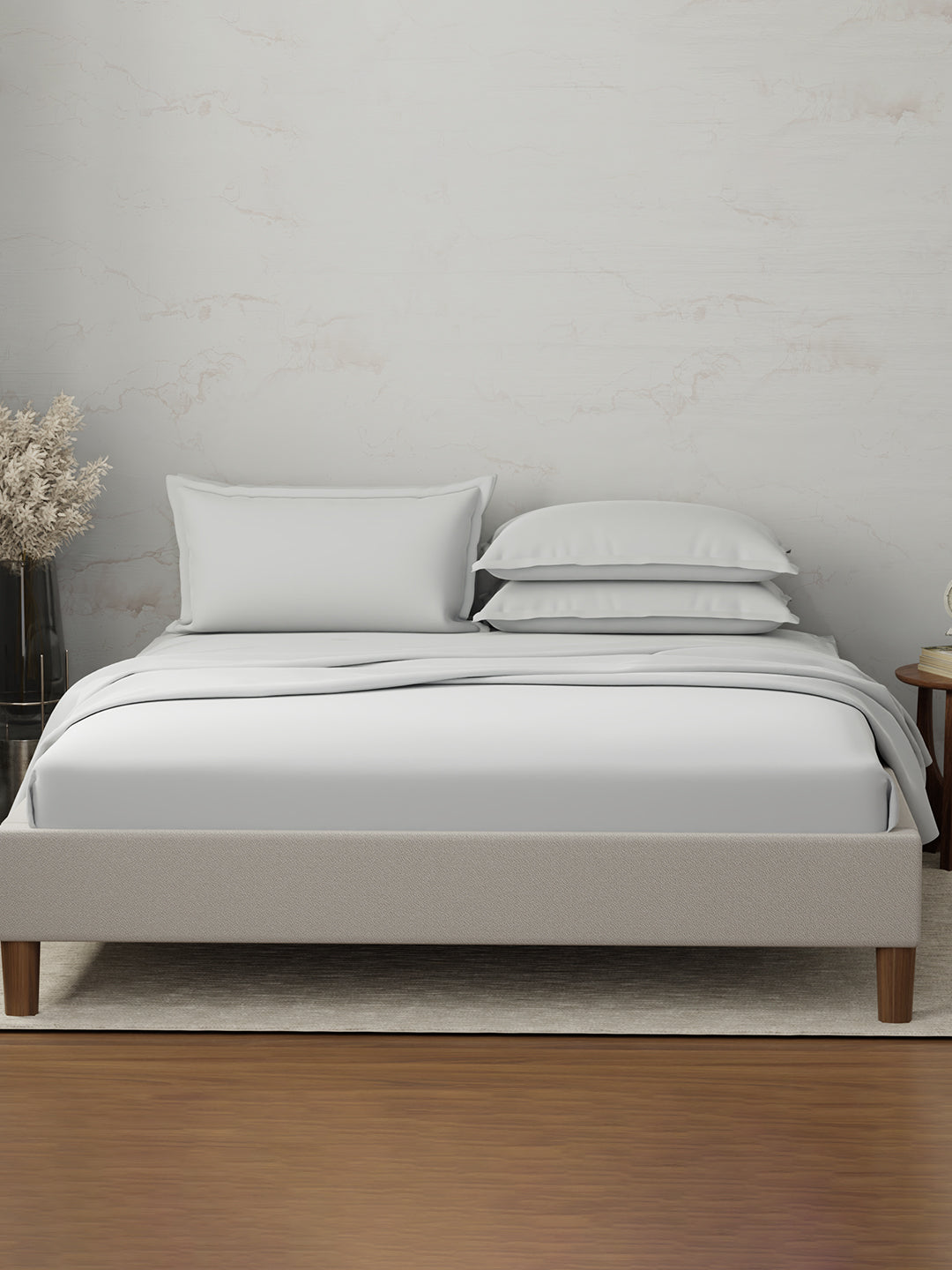 100% Cotton 300 TC | King Dyed Bedsheet with 4 Pillow Covers | Emblem Collection - White