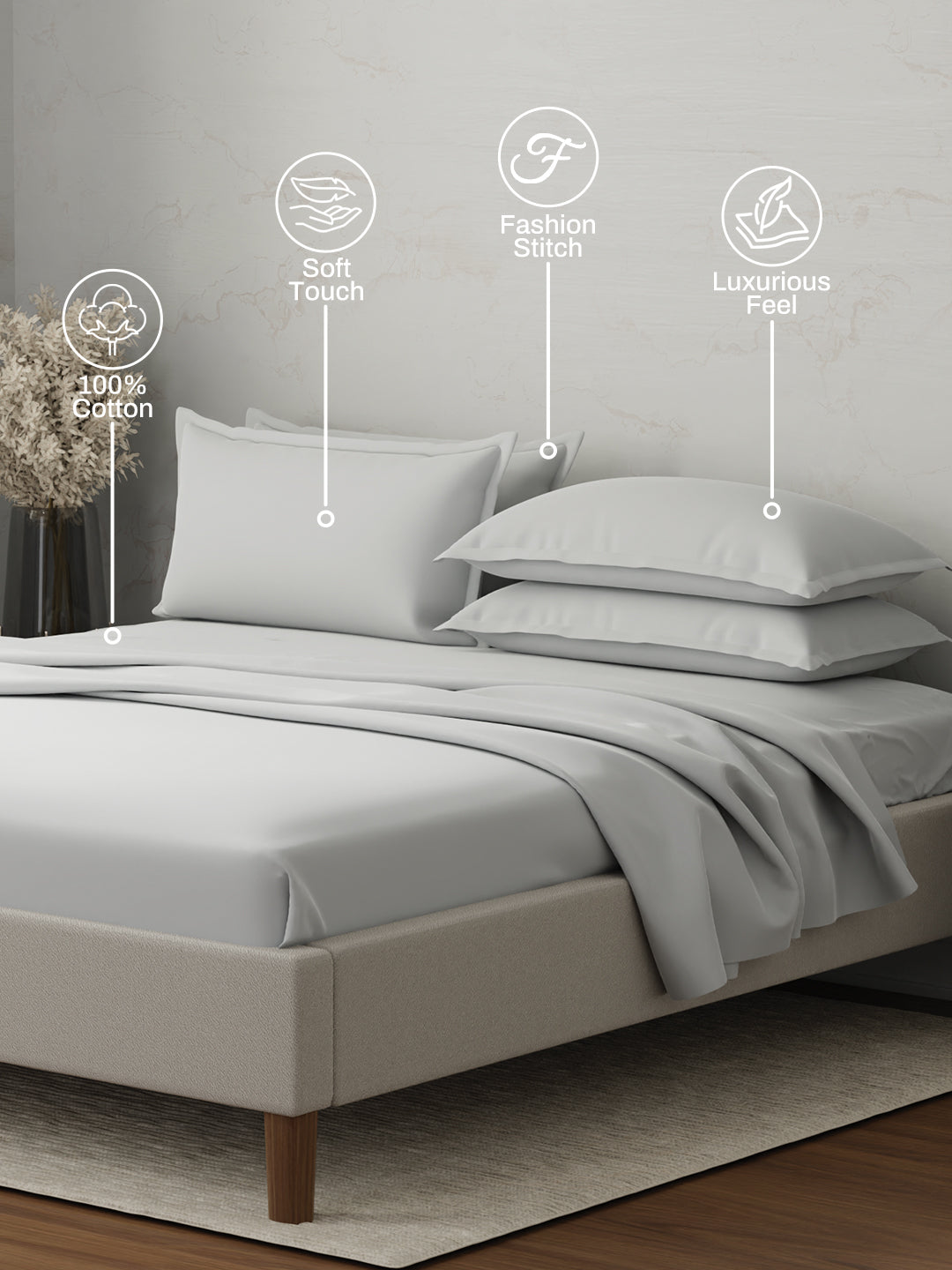 100% Cotton 300 TC | King Dyed Bedsheet with 4 Pillow Covers | Emblem Collection - White