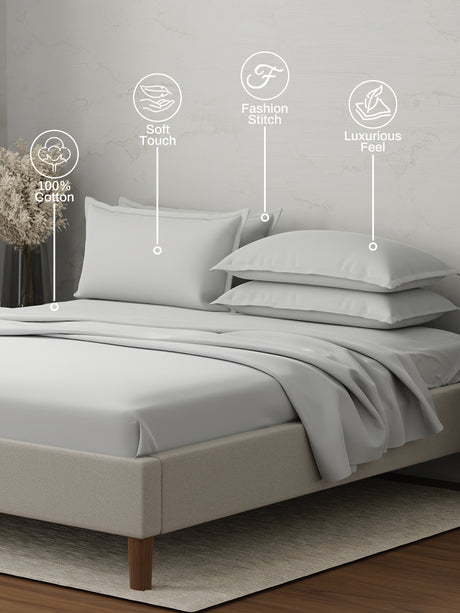 100% Cotton 300 TC | King Dyed Bedsheet with 4 Pillow Covers | Emblem Collection - White