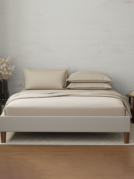 100% Cotton 300 TC | King Dyed Bedsheet with 4 Pillow Covers | Emblem Collection - Beige
