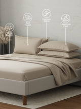 100% Cotton 300 TC | King Dyed Bedsheet with 4 Pillow Covers | Emblem Collection - Beige