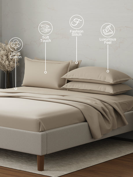 100% Cotton 300 TC | King Dyed Bedsheet with 4 Pillow Covers | Emblem Collection - Beige