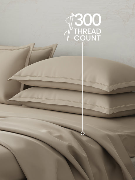 100% Cotton 300 TC | King Dyed Bedsheet with 4 Pillow Covers | Emblem Collection - Beige